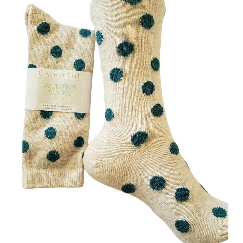 Cream Teal Dot Crew Socks Ladies Medium Garnet Hill Cashmere Wool Blend Warm NEW